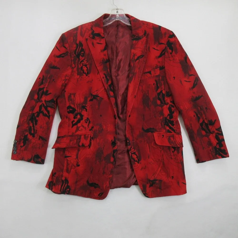 Lazetti Men Blazer Jacket Size M Red Black Abstract Floral Cotton 2-Button